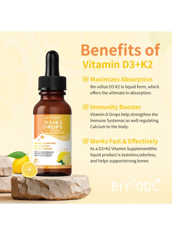 بيودي BIYODE فيتامين D3 + قطرات K2 - كل الأطعمة الفائقة النباتية الطبيعية ، مكملات سائلة للجهاز المناعي ، صحة العظام والقلب والدماغ ، 60 مل ، امتصاص عالي ، سريع وفعال ، 1000IU D3 و 200mcg K2 لكل خدمة - Image 3